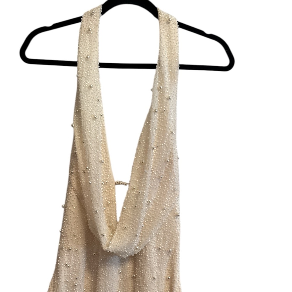 Oh Polly Versailles Deep Plunge Embellished Mini Dress White Pearl Sz 8 - Picture 3 of 10